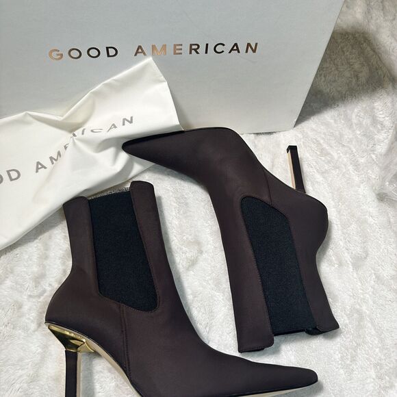 GOOD AMERICAN Size 9.5 Neoprene Chocolate Brown Satin High Heel Bootie Sleek NEW - Picture 3 of 6